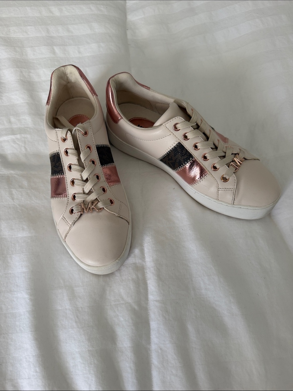 Michael Kors Cream Leather Sneakers with Rose Gold and Black Accents